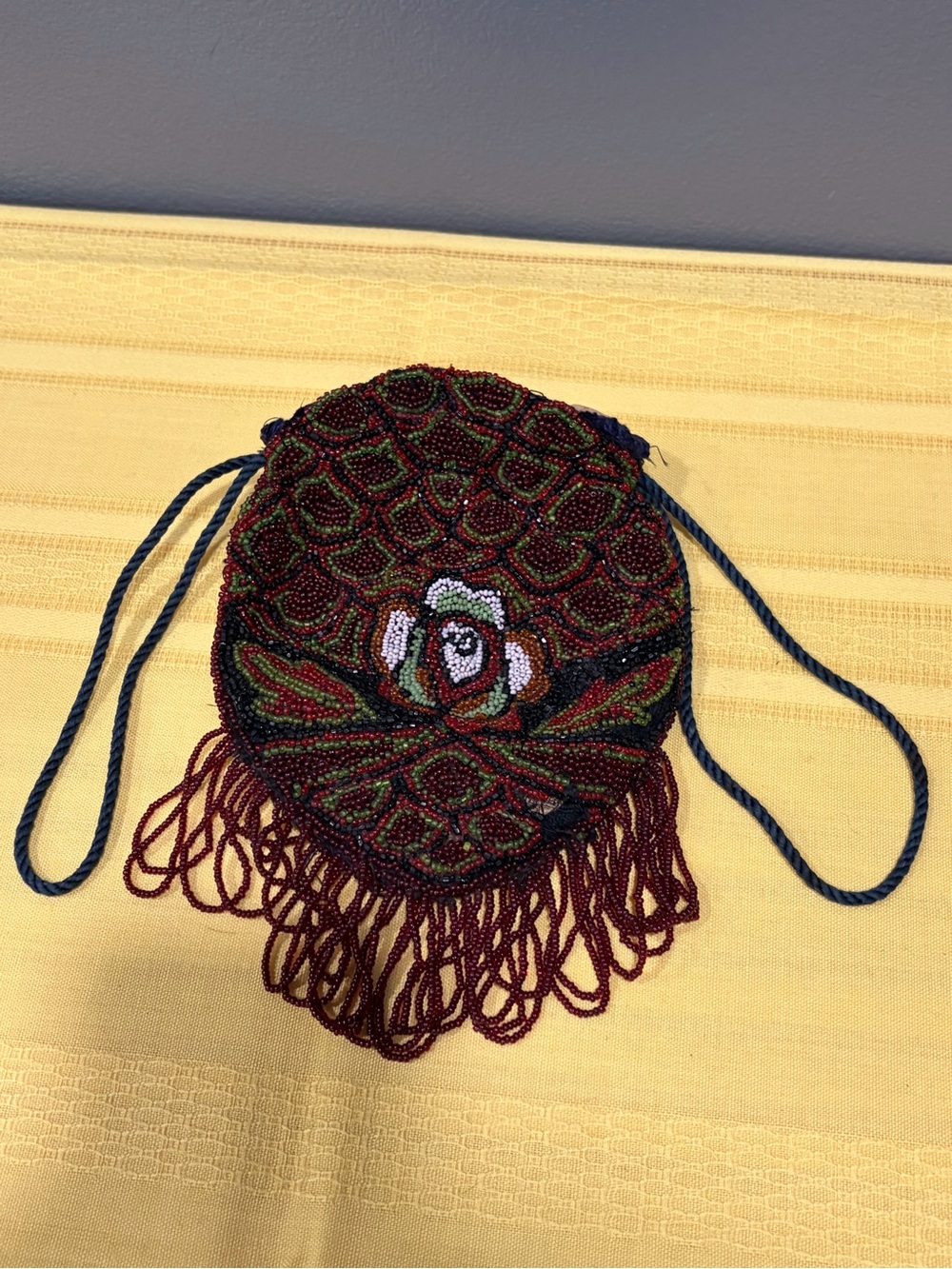 Antique 1920s Micro Beaded Rose Drawstring Pouch Purse Fringe - AS IS Read